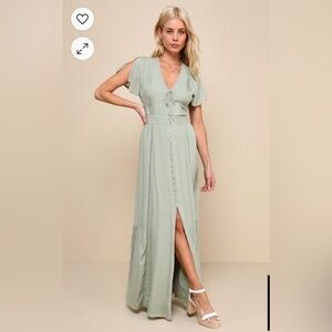 Sage Green Swiss Dot Button-Front Maxi Dress